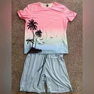 Mens shorts and shirt set. Sunset. Size small. Pink and blue